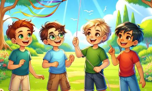 Dans un parc ensoleillé, quatre garçons de dix ans, Thomas, Lucas, Maxime et Oscar, sourient et s'amusent à faire voler un cerf-volant coloré. Thomas, avec ses cheveux bruns, tient le cerf-volant, tandis que Lucas, aux cheveux blonds et lunettes rondes, l'admire. Maxime, aux cheveux châtains et taches de rousseur, rit en pointant le cerf-volant, et Oscar, le nouvel ami aux cheveux noirs, sourit en tenant le fil. Le parc est verdoyant, avec de grands arbres et des fleurs colorées, sous un ciel bleu parsemé de nuages. Les garçons illustrent la joie de l'amitié en partageant ces moments ensemble.