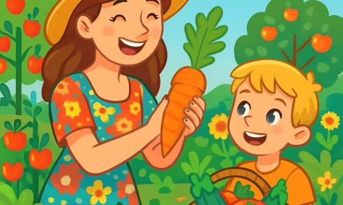 Marie, une agricultrice d'une trentaine d'années, souriante, porte une robe à fleurs et un chapeau de paille. Elle récolte des légumes dans son jardin, tenant une carotte fraîche, les yeux pétillants de joie. À ses côtés, un petit garçon de 7 ans, aux cheveux blonds, admire la scène en tenant un panier en osier rempli de légumes colorés. Le jardin est luxuriant avec des rangées de tomates, courgettes et carottes, entouré de fleurs et d'arbres fruitiers. Le ciel est bleu avec quelques nuages, et le soleil brille, créant une ambiance joyeuse. Marie et le garçon partagent un moment de bonheur en récoltant les fruits de leur travail.