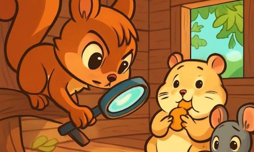 Noisette, une jeune écureuil aux yeux pétillants et au pelage brun doré, est perchée sur une branche avec une loupe, scrutant le sol. Pistache, un hamster dodu au pelage crème, est assis sur un coussin rouge, inquiet en grignotant un biscuit. Grignote, une petite souris grise, observe attentivement avec une feuille de papier dans ses pattes. La scène se déroule dans une cabane en bois décorée de guirlandes colorées, avec des fenêtres ouvertes laissant entrer la lumière. Noisette enquête sur la disparition de la noisette dorée, entourée de ses amis cherchant des indices sur le sol en bois, dans une ambiance de mystère et d'excitation.