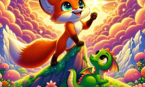 Un petit renard nommé Flocon, au pelage orange vif et aux yeux brillants, se tient courageusement au sommet d'une montagne scintillante, tenant une étoile magique dans ses pattes. À ses côtés, un petit dragon aux écailles vertes et aux yeux curieux admire Flocon, prêt à bondir avec enthousiasme. Le décor est une majestueuse montagne des rêves, ornée de fleurs colorées et de nuages doux, baignée dans une lumière dorée. Flocon et le dragon symbolisent l'amitié et le courage après avoir traversé des nuages sombres pour atteindre l'étoile magique.