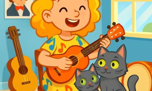 Mélodie, une jeune femme joyeuse aux cheveux bouclés et dorés, porte une robe colorée ornée de notes de musique. Elle sourit, assise sur une chaise en bois, un ukulélé brillant entre ses mains. À côté d'elle, Pompon, son chat gris aux yeux verts, est confortablement installé sur ses genoux. La scène se déroule dans une salle de musique lumineuse, avec des murs bleu ciel et des affiches de musiciens célèbres. Des instruments sont éparpillés autour d'elle, et des rayons de soleil filtrent à travers les fenêtres, créant une ambiance chaleureuse. Mélodie compose une nouvelle chanson, ses doigts dansent sur les cordes du ukulélé, remplissant la pièce de musique et de bonheur.