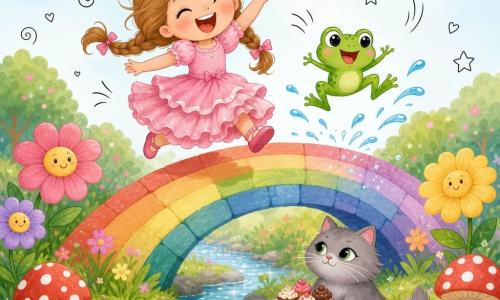 Une princesse joyeuse aux tresses châtain clair en robe rose à volants et petite couronne dorée saute en riant sur un pont arc‑en‑ciel; une grenouille verte malicieuse saute à côté en éclaboussant, et un chat gris duveteux tient une assiette de petits gâteaux assis sur une pierre sous le pont; jardin magique coloré avec fleurs souriantes, champignons rouges à pois blancs, ruisseau scintillant, ciel bleu clair et petites étoiles doodle ajoutant de la fantaisie.