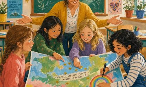 Cinq personnages dans une salle de classe lumineuse et chaleureuse : Coline, ~9 ans, cheveux châtain clair en tresse, tient le coin gauche d'une grande carte ; Maya, ~9 ans, peau claire, cheveux noirs courts et frisés, dessine des arcs‑en‑ciel à droite avec un gros feutre ; Ambre, ~9 ans, blonde, colle des étoiles dorées au centre ; Nour, ~9 ans, cheveux foncés lisses, pointe une ligne de texte lisible entre Coline et Ambre ; la maîtresse, 30–40 ans, cheveux en bun, s'agenouille et les remercie en les serrant dans ses bras. Les filles déploient une carte géante multicolore aux textures peintes, lettres noires espacées sur fond pastel, gommettes étoiles et cœurs, touches épaisses d'acrylique dans une palette vive (jaune moutarde, corail, vert tilleul, bleu ciel) ; décor : pupitres en bois clair, tableau vert couvert de dessins, affiches colorées et plantes sur le rebord, sol lino beige.