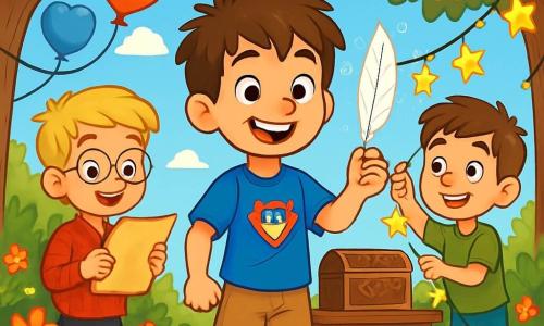 Il y a trois personnages : Max, un garçon de 10 ans aux cheveux bruns en bataille, souriant et tenant une plume scintillante ; Léo, avec des cheveux blonds et des lunettes, lisant une lettre avec émerveillement ; et Hugo, aux cheveux châtains et taches de rousseur, décorant une guirlande lumineuse. Ils se trouvent dans un jardin verdoyant rempli de fleurs et d'arbres, sous un ciel bleu avec quelques nuages. Au fond, une vieille boîte en bois est entourée de ballons en forme de cœur. Ils préparent une fête des mères magique, entourés de décorations étincelantes et de rires, illuminés par une lumière douce et chaleureuse.