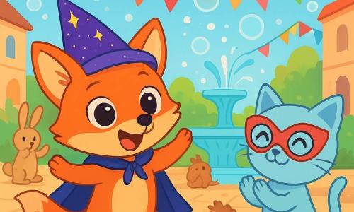 Un petit renard roux nommé Lulu porte un chapeau pointu scintillant et une cape bleu nuit. Ses grands yeux brillent d'excitation alors qu'il danse joyeusement sur la place animée. À ses côtés, un chat bleu pâle nommé Miska, avec des lunettes rondes et un masque de carnaval, sourit timidement en battant des mains au rythme de la musique. La place est décorée de guirlandes colorées et de lampions flottants. Des animaux en fête, comme des lapins et des hérissons, se rassemblent autour d'une fontaine chantante, créant une atmosphère joyeuse. Lulu et Miska, entourés d'amis, participent à une danse entraînante, tandis que des bulles de savon brillent au-dessus d'eux, ajoutant une touche magique à cette scène de carnaval.