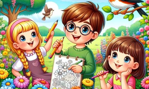 Au centre de l'image, Léo, un garçon de 7 ans avec des cheveux bruns et des lunettes, sourit en tenant un crayon coloré. À sa droite, Mia, une fille de 6 ans avec des cheveux blonds en tresses, admire les fleurs colorées. À gauche, Tom, un garçon de 8 ans avec des cheveux noirs et un t-shirt vert, montre un rouge-gorge sur une branche. Zoé, une fille de 7 ans avec des cheveux châtains et une robe rose, dessine des fleurs par terre. Le jardin est en pleine floraison avec des fleurs jaunes, rouges et bleues, et des abeilles bourdonnent. En arrière-plan, un grand arbre et un ciel bleu avec des nuages blancs. Les enfants s'amusent, chantent et dessinent, célébrant la beauté du printemps.