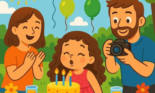 Léa, une petite fille de 4 ans avec de longs cheveux bouclés et des yeux pétillants, souffle sur les bougies de son gâteau d'anniversaire. Elle porte une robe rose pailletée et sourit joyeusement. À ses côtés, sa maman applaudie fièrement et son papa, avec une barbe douce, prend des photos. La scène se déroule dans un jardin ensoleillé, décoré de ballons colorés et de guirlandes scintillantes, avec des fleurs multicolores et une table dressée. Entourée de sa famille, Léa est prête à souffler ses bougies, créant une atmosphère de bonheur et de célébration.