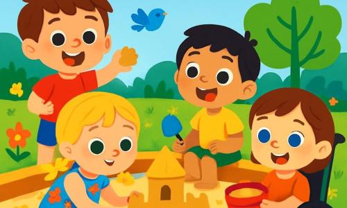Quatre enfants jouent ensemble : Léo, 3 ans, cheveux bruns, t-shirt rouge et short bleu, montre du sable ; Emma, 3 ans, cheveux blonds en tresses, robe à fleurs, place des coquillages ; Max, 3 ans, cheveux noirs, t-shirt jaune et short vert, est assis avec une pelle ; Clara, 3 ans, cheveux châtains, dans un fauteuil roulant décoré, sourit en tenant un seau de sable. Ils sont dans un parc ensoleillé avec un bac à sable doré, entourés de fleurs et d'arbres. Ensemble, ils construisent un château de sable, illustrant la joie de l'amitié.