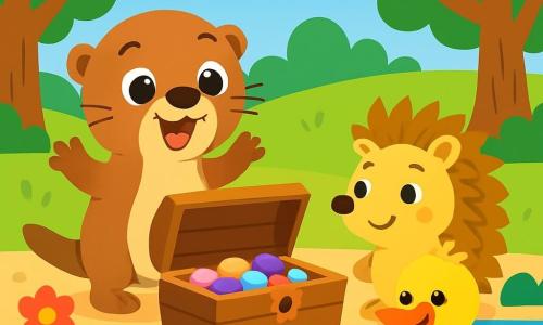 Lila la petite loutre, excitée et aux grands yeux pétillants, se tient devant une vieille boîte en bois, prête à l'ouvrir. À côté d'elle, Titou le hérisson, avec son sourire malicieux, observe la boîte avec curiosité. Pipo le canard nage joyeusement dans l'eau, prêt à célébrer la découverte. La scène se déroule près d'une rivière scintillante, entourée d'arbres aux feuilles vertes et de fleurs colorées. Lila et ses amis découvrent un trésor caché dans la boîte, rempli de galets brillants et de coquillages colorés, partageant un moment de joie au bord de la rivière.