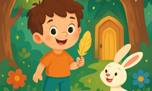 Un petit garçon nommé Léo, âgé de 7 ans, avec des cheveux bruns en désordre et des yeux curieux, se tient au centre de la scène, souriant émerveillé avec une plume dorée. À ses côtés, un lapin blanc joyeux saute autour de lui, cherchant sa carotte magique. Ils se trouvent dans une forêt magique avec des arbres majestueux aux feuilles scintillantes et des fleurs colorées chantant doucement. Devant un grand arbre aux branches ouvertes, révélant une porte dorée, Léo, déterminé et heureux, est prêt à entrer dans le jardin enchanté, encouragé par le lapin.