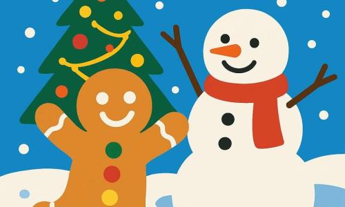 Un bonhomme de pain d'épice joyeux, avec des yeux en sucre et un sourire en glaçage, danse dans la neige. Il a des boutons en bonbons colorés et lève les bras avec enthousiasme. À côté, un bonhomme de neige souriant, avec un nez en carotte et une écharpe rouge, l'encourage en levant une branche. En arrière-plan, une guirlande lumineuse scintille sur un sapin décoré, ajoutant de la magie. Le jardin est couvert d'une épaisse couche de neige scintillante sous un ciel bleu clair. La scène montre le bonhomme de pain d'épice découvrant la beauté hivernale du jardin, entouré de décorations festives et de flocons brillants.