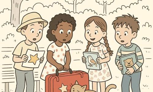 Quatre enfants sont présents : Zoé, 8 ans, avec des cheveux bouclés et une robe à pois, tient une valise rouge avec des étoiles et se trouve au centre. Amir, 9 ans, avec des cheveux courts et un chapeau, est à gauche de Zoé avec une carte étoilée. Lila, 7 ans, avec des tresses et une robe fleurie, est à droite de Zoé avec un livre sur les oiseaux. Tom, 8 ans, avec des cheveux ébouriffés et un pull rayé, est à côté de Lila avec un album d'animaux rigolos. Ils sont dans une cour d'école ensoleillée avec un banc, des arbres verts, des croissants sur une table et une flaque d'eau scintillante. Les enfants découvrent la valise rouge sous le banc, entourés de livres colorés. Un chat avec une patte sale se frotte contre la valise. Les enfants montrent surprise et curiosité, leurs yeux pleins d'excitation.