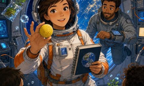 Une astronaute d’environ 30 ans, cheveux bruns courts, visage souriant et fier, tient une petite balle en mousse jaune et un carnet avec une photo de la Terre, flottant face à une caméra en combinaison spatiale blanche et orange, casque visière relevée, posture détendue et confiante; un homme (Marco), ~35 ans, cheveux bouclés châtain et barbe courte, flotte derrière et à droite en combinaison grise, sourit en regardant une tablette au poignet, expression attentive. À travers un grand hublot rond, la Terre apparaît immense, bleu vif avec nuages et lueur atmosphérique, la lumière bleue éclaire l’intérieur du module rempli de panneaux gris, câbles, outils accrochés, écrans rétro-futuristes et quelques plantes en sachets; objets et bulles d’eau flottent. Scène de conférence en direct : l’astronaute explique en gesticulant, la balle en mousse sert d’accessoire pédagogique, atmosphère chaleureuse et rassurante. Style graphique : encre colorée, traits nets, palette douce dominée par bleus, blancs et touches d’orange, textures légères et éclairage contrasté entre intérieur tamisé et lumière de la Terre.