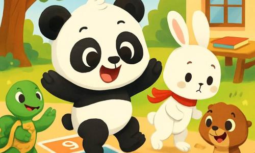 Nino le petit panda, avec son pelage noir et blanc et ses grands yeux joyeux, saute de bonheur sur une marelle colorée dessinée à la craie. À côté de lui, Milo le petit lapin blanc, aux longues oreilles, essaie de sauter avec un air concentré. Titi la tortue, avec sa carapace verte, les encourage, tandis que Lila la loutre rit en les regardant. La scène se déroule dans une cour d'école ensoleillée, entourée d'arbres et de fleurs colorées, avec des crayons et des livres éparpillés sur les tables. Nino et ses amis s'amusent ensemble, partageant des moments de joie et d'amitié.