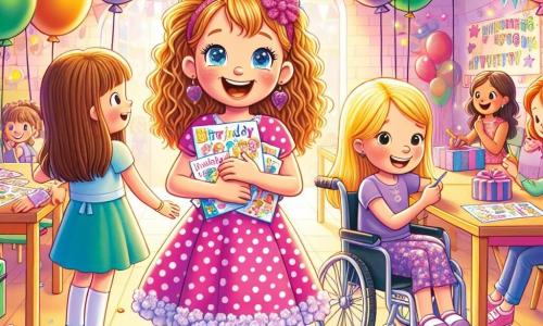 Trois personnages principaux : Léa, une fille de six ans avec des cheveux bouclés et des yeux pétillants, porte une robe rose à pois et sourit joyeusement en tenant des invitations colorées. Emma, à gauche de Léa, a des cheveux lisses et bruns, porte un t-shirt bleu et une jupe à fleurs, et dessine des ballons. Zoé, à droite de Léa, est en fauteuil roulant, a des cheveux blonds et porte une robe violette, ajoutant des paillettes aux invitations. La scène se déroule dans une salle de classe lumineuse, décorée de guirlandes et de ballons, avec des tables joyeusement nappées et un tableau noir rempli de dessins d'anniversaire. Les trois amies préparent la fête d'anniversaire de Léa dans une ambiance festive et joyeuse.