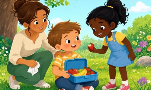 Léo, 4 ans, joyeux, cheveux châtain clair courts, assis sur une pelouse verte et tenant une petite boîte bleue réutilisable ouverte remplie de pommes, bananes et fraises, regarde ses amis ; à sa droite Jade, 4 ans, souriante, queue de cheval noire, tient une fraise à moitié mangée et se penche pour partager ; derrière eux à gauche la maman (30–35 ans), bienveillante, cheveux bruns attachés, accroupie, tient une serviette humide et pose la main sur l’épaule de Léo ; en arrière-plan un grand arbre où quelques oiseaux colorés sont posés, fleurs sauvages et quelques cailloux, ciel bleu pâle et soleil chaud ; scène lumineuse et joyeuse, goûter écologique sans emballage, carnet de dessins avec une grosse pomme verte posé à côté, aucune trace de déchets, couleurs vives, formes rondes, style vectoriel simple et chaleureux.