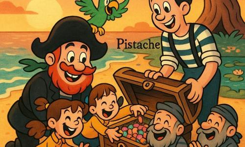 Le Capitaine Basile, moustache rousse ronde, grand chapeau noir cabossé, agenouillé et souriant, pousse un rocher en forme de cœur et découvre un coffre ancien avec malice ; Lili, 8 ans, cheveux bruns en couettes, veste jaune et jupe bleue, à gauche de Basile, rit et tend la main vers les bonbons ; Jules, 16–18 ans, grand et costaud, chemise rayée et bretelles, à droite, aide à soulever le couvercle ; Pistache, perroquet vert vif, ailes déployées sur l’épaule de Basile, crie de joie ; plusieurs pirates secondaires aux barbes grises et tenues marines usées, surpris puis souriants, applaudissent et partagent des bonbons autour du coffre ; scène sur une plage de sable doré au coucher de soleil, avec un grand arbre creux aux racines noueuses, une lagune aux nénuphars et coquillages colorés, vagues douces et ciel orange-rose ; ambiance chaleureuse et naïve, partage et rire, compositions arrondies, couleurs saturées, ombres douces, textures lisses, contours épais et silhouettes lisibles, focus sur visages expressifs et proportions caricaturales.