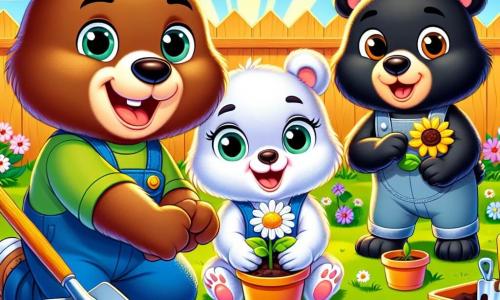 Un ours brun joyeux, Martin, creuse un trou dans la terre avec ses pattes. À côté de lui, une petite ourse blanche, Léa, plante des graines de marguerites avec enthousiasme. Un ourson noir, Tom, se tient un peu plus loin, prêt à planter une graine de tournesol, fier de son travail. La scène se déroule dans la cour de l'école, remplie de terre brune et de petits outils de jardinage colorés, sous les rayons de soleil. Les fleurs commencent à pousser, créant un tableau vivant. Les trois amis travaillent ensemble, riant et s'encourageant, illustrant l'esprit d'équipe et l'amitié dans leur projet de jardin.
