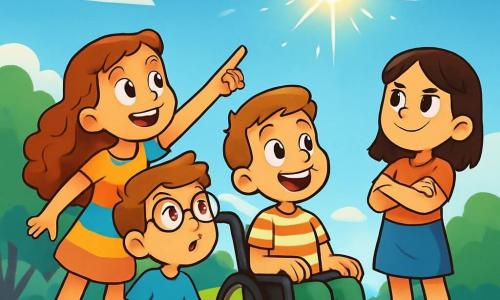 Quatre enfants se trouvent sur une colline verdoyante surplombant le parc de Luminette. Emma, 9 ans, avec de longs cheveux bouclés, pointe du doigt une lumière scintillante dans le ciel. Lucas, 10 ans, rêveur avec des lunettes rondes, est assis sur une pierre, fasciné par la lumière. Mia, 9 ans, courageuse avec des cheveux raides, est debout, les bras croisés, prête à explorer. Tom, 9 ans, souriant et en fauteuil roulant, est à côté d’Emma, riant avec elle. Le ciel bleu est parsemé de nuages blancs, et la lumière mystérieuse crée une atmosphère magique. Les enfants, captivés, sont prêts à partir à l'aventure pour découvrir l'origine de cette lumière et les créatures qui l'ont envoyée.