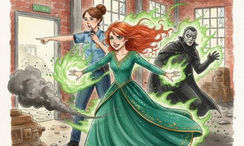 Lila, héroïne aux cheveux roux et yeux verts, en robe émeraude à motifs dorés, crée un tourbillon de flammes vertes au centre tandis qu’elle lance une boule de feu émeraude; derrière elle, Cassie, policière aux cheveux bruns en chignon et uniforme bleu, appelle des renforts en pointant vers la sortie; le vilain, le Fantôme Noir, capé et masqué, recule, surpris dans la lueur verte; décor : vieille usine abandonnée aux murs de briques écaillées, grandes fenêtres brisées, machines rouillées et éclats de verre; la scène, éclairée par la boule de feu et une fumée noire, est rendue en aquarelle aux couleurs dominantes émeraude, rouges chauds et gris industriel, avec lignes fluides, textures visibles et bords estompés.