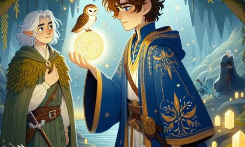 Un mage nommé Alaric se tient au centre, vêtu d'une longue robe bleue ornée de motifs dorés, les cheveux bruns flottant au vent. Son visage exprime détermination et émerveillement alors qu'il tient l'Orbe de Lumière, une sphère brillante émettant des éclats dorés. À sa droite, Luna, une chouette aux plumes blanches et dorées, est perchée sur son épaule, ses grands yeux ronds observant attentivement. À gauche, Elion, un elfe de 150 ans aux cheveux argentés et oreilles pointues, porte une tunique de feuilles et une épée à la ceinture, affichant un sourire de fierté. Le décor est une grotte de la Montagne du Crépuscule, illuminée par des cristaux scintillants et couverte de mousse, avec une légère brume ajoutant du mystère. Alaric lève l'Orbe de Lumière, entouré d'une aura éclatante, tandis qu'Elion et Luna l'observent avec admiration, symbolisant l'espoir et la magie renaissante dans le royaume de Luminara.