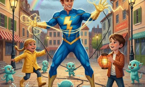 Un homme souriant et déterminé, Électro-Zap, cheveux cuivrés ébouriffés, costume bleu orné d'éclairs dorés et gant brillant, tend les mains et envoie des filaments lumineux jaunes et argent qui reconnectent des câbles sous la pluie ; un garçon émerveillé en manteau rouge tient un petit lampion à droite d'Électro-Zap, une fillette en imperméable jaune saute de joie à gauche tandis que de petites créatures turquoise aident en tirant les fils et dansent autour des câbles mouillés ; la scène se déroule sur la grande place pavée de Solarville, entre façades colorées et lampadaires en fer forgé, flaques reflétant des néons et un ciel orageux traversé d'un arc‑en‑ciel naissant, moment chaleureux et héroïque de rétablissement de la lumière avec gouttes peintes en traits brillants.