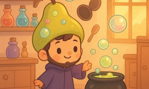 Le jeune sorcier Gaspard, avec sa barbe minuscule et ses chaussettes rayées, arbore une expression curieuse et amusée. Son chapeau en forme de poire libère des bulles brillantes. L'une s'envole vers la fenêtre, une autre roule vers l'armoire, et la dernière plonge dans la marmite. La scène se déroule dans une cuisine magique, avec des étagères pleines de potions colorées et des ustensiles flottants. Le sol est en damier noir et blanc, et une grande fenêtre diffuse une lumière douce et dorée.