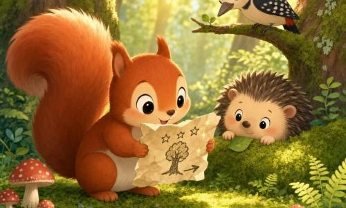 Noisette, petit écureuil roux au ventre blanc et à la queue duveteuse, tient une carte froissée montrant un arbre, trois étoiles et une flèche ; accroupi sur un tapis de mousse dans une forêt ensoleillée, il l’examine avec émerveillement pendant qu’un hérisson rond au sourire timide et un petit pic-forestier perché l’observent. Ambiance chaleureuse et mystérieuse de trésor caché, style couleurs pastel vives, lignes simples et textures douces.