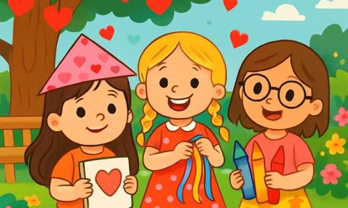 Trois personnages sont présents : Lucie, une petite fille de cinq ans avec de longs cheveux bruns, portant un chapeau en papier rose et tenant un carnet à dessins ; Zoé, avec des cheveux blonds en tresses, un grand sourire, vêtue d’une robe rouge à pois et tenant des rubans colorés ; et Emma, avec des cheveux châtains, des lunettes rondes, un t-shirt rose et une jupe à fleurs, tenant des crayons colorés. Elles se trouvent dans un jardin ensoleillé, entourées de fleurs et de guirlandes de cœurs. Ce jardin magique comprend un grand chêne, des bancs en bois, des buissons fleuris, des cœurs en papier accrochés aux branches et une nappe colorée avec des gâteaux roses et des bonbons en forme de cœur. Les trois amies préparent une fête de la Saint-Valentin, décorant le jardin avec des surprises et des messages de gentillesse, prêtes pour une chasse au trésor joyeuse.