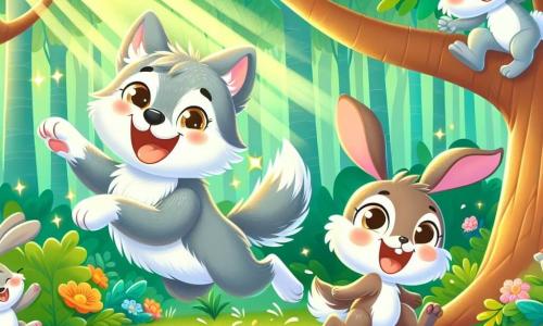 Un loup joyeux et espiègle avec un pelage gris et des yeux malicieux saute dans les airs, souriant. À ses côtés, un petit lapin aux grandes oreilles blanches rit en courant, tandis qu'une souris mignonne les suit en glissant. La scène se déroule dans une forêt enchantée avec des arbres épais, des feuilles vertes et des fleurs colorées. Des rayons de soleil illuminent le sol de taches dorées. Les amis jouent ensemble, courant et sautant, provoquant un éclat de rire collectif lorsqu'une branche craque sous leurs pattes.