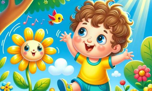 Un petit garçon de 2 ans, avec des cheveux bouclés et des yeux curieux, danse joyeusement dans un jardin ensoleillé, le visage rayonnant de bonheur. Il porte un t-shirt jaune et un short bleu, les bras levés vers le ciel. À côté de lui, une petite fleur jaune souriante semble lui parler, tandis qu'un oiseau coloré chante sur une branche. Le jardin est rempli de fleurs multicolores et d'arbres verts sous un ciel bleu clair. Le garçon tourne sur lui-même, émerveillé par la beauté de la nature, encouragé par la fleur et l'oiseau à exprimer sa joie.