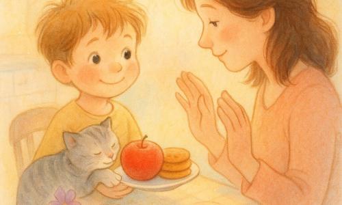 Un garçon de 4 ans au visage rond et cheveux châtain clair en bataille tend une petite assiette avec une pomme rouge et trois biscuits empilés à sa mère d'environ 32 ans, cheveux bruns lâchés, assise face à la table, les mains prêtes à l'enlacer, tandis que le chat gris Plume, pelage tigré, ronronne au coin de la table en posant une patte sur l'assiette; la cuisine baignée de lumière dorée du matin présente une table en bois clair avec nappe à carreaux pastel, une tasse de lait fumante, des miettes et une petite fleur violette dans un verre; ambiance en tons pastel chauds (jaune doux, rose pâle, bleu ciel) avec textures aquarelle floues et contours délicats au stylo gel blanc pour les reflets.