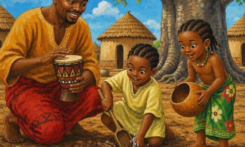 Un homme souriant à la peau brune, cheveux courts noirs, en tunique ocre et pagne rouge, frappe doucement un petit tambour peint ; un garçon d'environ six ans en robe jaune creuse avec une pelle et regarde l'eau jaillir d'un trou, une fille d'environ quatre ans en jupe verte à fleurs tient une calebasse vide près de lui, pieds dans la terre. Le village présente des cases rondes en torchis et toits de chaume, un grand baobab aux racines apparentes et des oiseaux sur les branches ; l'eau claire jaillit en gouttes sur la terre humide. Palette vive, coups de pinceau larges et textures d'acrylique, atmosphère chaleureuse, composition centrée sur l'homme et les enfants.