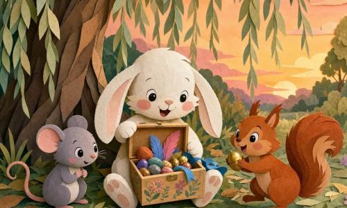 Petit Lapin, un petit lapin blanc aux longues oreilles et joues roses, tient sur ses genoux une petite boîte en bois décorée et ouverte; à sa gauche Souris, une petite souris grise, l’observe timidement, et à sa droite Écureuil, un écureuil roux à la queue touffue, brandit une noisette brillante. Ils sont réunis au pied d’un vieux saule aux branches pendantes, sur un tapis de feuilles et fleurs sauvages; la boîte contient galets colorés, plumes vives, noisettes dorées et un ruban bleu, créant une ambiance de partage, tendresse et émerveillement au crépuscule, avec une lumière douce orange-rose.