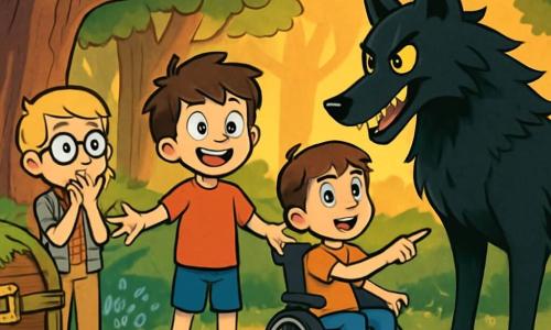 Quatre personnages se tiennent dans une clairière enchantée : Lucas, un garçon de 10 ans aux cheveux bruns en bataille et au t-shirt rouge, souriant au centre ; Max, avec des cheveux blonds et des lunettes rondes, en retrait et intrigué ; Romain, châtain et souriant, dans un fauteuil roulant décoré, pointant le loup avec enthousiasme ; et le grand méchant loup, majestueux avec son pelage noir et ses yeux brillants, affichant une expression curieuse. La clairière est entourée d'arbres géants et de fleurs sauvages colorées, avec un coffre en bois recouvert de mousse. Les garçons, bien que surpris, font preuve de courage et de curiosité face au loup, prêts à découvrir le secret du coffre.