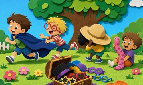 Quatre garçons dans un jardin ensoleillé sous un grand arbre : Léo (6 ans), cheveux bruns courts, porte une cape bleu nuit trop grande qui traîne et vole derrière lui ; Malo (6 ans), cheveux blonds en bataille, grosses lunettes rondes rouges qui déforment ses yeux, rit et tente de suivre Léo ; Sami (5 ans), cheveux noirs bouclés, chapeau géant beige presque avalant sa tête, penché en avant ; Tom (5 ans), châtain clair, porte une longue chaussette rose sur une jambe qu'il lève comme si elle était un mille-pattes ; une malle à déguisements déborde de chapeaux et lunettes colorés, herbe verte texturée, ciel bleu ponctué de quelques nuages, ambiance de jeu désordonné avec couleurs vives, formes simples et sourires larges.