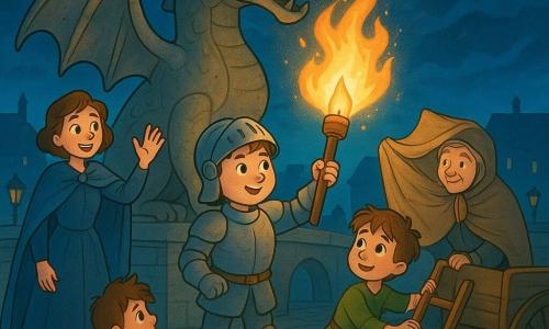 Léo, garçon d'environ 12 ans en armure simple et un peu bosselée, casque sur l'épaule, visage rond et souriant, tient une torche en bois avec une petite lampe en cuivre et une douce flamme dorée; Mila, fille d'environ 15 ans en cape bleue et cheveux châtain courts, se tient au pied d'une statue de dragon en pierre, levant la main pour l'encourager, visage confiant; un garçon de 9 ans aux cheveux en bataille tient une échelle près du pont, un petit chien brun à ses pieds, regardant Léo avec admiration; une vieille femme d'environ 70 ans coiffée d'un châle gris protège la flamme du vent avec un grand châle brun à côté d'une charrette; un marchand d'environ 40 ans en veste brune cale une poutre contre le vent, accroupi et concentré. Le lieu est un ancien grand pont de pierre avec une statue de dragon au centre, pavés irréguliers et fissurés, lampes éteintes, nuit tombante bleu profond, nuages rapides et silhouettes de maisons lointaines. Léo allume la grande torche du dragon, la flamme dorée commence à se propager vers un brasier, des étincelles illuminent les visages tandis que les villageois coopèrent pour protéger la flamme; ambiance visuelle contrastant lumière dorée et ciel bleu nuit, ombres douces, textures de bois, cuivre, pierre et tissu, style enfantin coloré et clair.