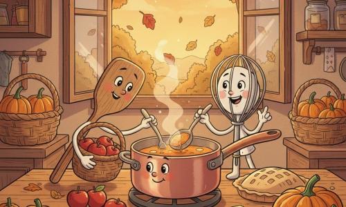 Cécile, une petite casserole en cuivre au sourire chaleureux et reflets rosés, bouillonne une soupe orange fumante sur une table en bois; à gauche, Simon la spatule en bois, émerveillé, tient un panier de petites pommes rouges et se penche vers la casserole; à droite, Flora le fouet argenté rit en agitant un morceau de pâte, parsemée de miettes de farine; la scène se déroule dans une cuisine rustique ouverte sur une clairière d’automne avec paniers de citrouilles, feuilles rouges et jaunes tombant par la fenêtre, lumière chaude du soir et palette oranges, rouges, ocres, cuivrés et touches de vert mousse; textures visibles du bois, du métal poli et de la pâte; situation principale : les trois amis cuisinent un festin d’automne après leur récolte, atmosphère joyeuse et paisible, composition centrée sur la casserole fumante, style clair et lisible pour enfants.