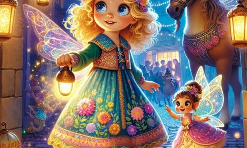 Éléonore, une fille de 8 ans aux boucles dorées et aux yeux curieux, se tient au centre de la scène avec un sourire émerveillé. Elle porte une robe colorée ornée de fleurs et tient une lampe de poche. À ses côtés, Lila, une petite fée aux ailes scintillantes et à la robe de pétales, vole joyeusement autour d'elle. Un peu plus loin, Orion, un grand centaure à la crinière brune, les observe avec un air protecteur. La scène se déroule dans la ville secrète de Mythopolis, un endroit magique sous un vieux bâtiment urbain, avec des lanternes colorées et des créatures fantastiques. Éléonore, Lila et Orion se préparent à entrer dans le sanctuaire du Cristal de l'Aurore Éternelle, où un cristal lumineux attend d'être ravivé, leurs visages reflétant l'excitation de leur mission magique.