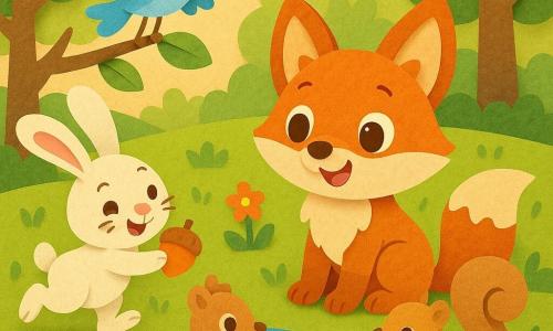 Petit Renard, renard roux aux grandes oreilles et yeux brillants, pelage en couches de papier, assis au bord d’un ruisseau, souriant; Lapin blanc aux longues oreilles roses, malicieux et sautillant à gauche avec une noisette orange; Écureuil brun clair à grosse queue bouclée perché sur une pierre, tend une noisette; Oiseau bleu pastel perché sur une branche, chantant; clairière ensoleillée avec herbe et fleurs colorées, ruisseau bleu brillant, arbres découpés en papier; atmosphère chaleureuse et joyeuse, formes arrondies, couleurs vives, texture papier visible.