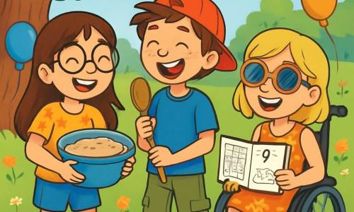 Il y a trois personnages : Zoé, une fille de 8 ans avec de longs cheveux bruns et des lunettes rondes, souriante avec un saladier de pâte à gâteau ; Tom, un garçon de 9 ans avec des cheveux châtains en bataille et une casquette rouge à l’envers, riant avec de la farine sur le nez et tenant une cuillère en bois ; et Lila, une fille de 8 ans en fauteuil roulant, avec des cheveux blonds et des lunettes de soleil, souriante avec un carnet de dessins et d'énigmes. L'action se déroule dans un parc verdoyant sous un grand chêne, avec une pelouse fleurie et une nappe à carreaux rouges remplie de nourriture. Ils préparent un pique-nique surprise pour la fête des pères, entourés de rires et de joie, avec un gâteau au chocolat en train de cuire à proximité.