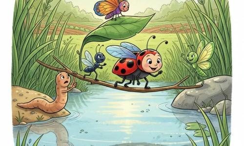 Lila, petite coccinelle rouge à pois noirs, souriante et fière, marche sur une brindille posée en pont au‑dessus d'une grande flaque; Léon, ver de terre brun clair, pousse la brindille depuis la rive, Zoé, fourmi noire minuscule, tient une grande feuille derrière Lila pendant qu'Oscar, papillon orange et bleu, se pose dessus pour stabiliser le tout, tandis qu'en arrière‑plan Jade, petit papillon vert, attend sur une pierre; scène matinale dans un jardin lumineux aux herbes hautes, pierres luisantes et eau miroir aux reflets dorés, instant de coopération joyeuse, couleurs vives et contours à l'encre.