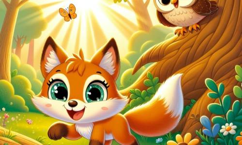 Un petit renard orange nommé Roxy court autour d'un vieil arbre majestueux, affichant un grand sourire. À proximité, un hibou brun nommé Hugo est perché sur une branche, riant tendrement. La scène se déroule dans une forêt enchantée, baignée de lumière dorée, où des papillons dansent autour d'eux. Roxy et Hugo jouent à cache-cache, l'amitié entre eux rayonnant dans cette scène joyeuse.