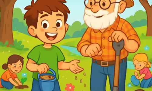 Lucas, un garçon de 10 ans aux cheveux châtains en bataille et aux yeux curieux, se tient au centre, souriant. Il porte un t-shirt vert et un short en denim, tenant un seau de graines. À ses côtés, Papé Jean, un homme âgé à la barbe blanche et aux lunettes rondes, vêtu d'une chemise à carreaux et d'un chapeau de paille, l'observe avec fierté, tenant une pelle. La scène se déroule dans une clairière ensoleillée, entourée d'arbres et de fleurs colorées. Un ruisseau scintille en arrière-plan. Lucas et Papé Jean plantent des fleurs, entourés d'enfants joyeux qui creusent et arrosent les plantes, créant une atmosphère de rires et d'excitation, soulignant l'importance de la protection de la nature.