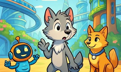 Loupio, un jeune loup au pelage argenté et aux yeux curieux, se tient au centre, émerveillé, hésitant entre plusieurs chemins. Ses oreilles sont dressées et sa queue frétillante montre son excitation. À sa gauche, un petit robot-guide coloré et souriant danse joyeusement, prêt à l'accompagner. À sa droite, une louve dorée, avec un regard déterminé et un badge scintillant, l'observe avec un sourire encourageant. Le décor est une grande place de Lumina 3000, entourée de tours en verre et en métal, avec des jardins suspendus de fleurs luminescentes. Loupio doit choisir entre le monorail, l'ascenseur végétal et les petits robots-guides dansants pour commencer son aventure dans cette cité futuriste.