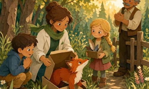 Femme vétérinaire souriante tenant une petite caisse d'où un renard roux hésite à sortir, garçon d'environ 9 ans accroupi, fille d'environ 7 ans tenant une boîte à plumes, Monsieur Pichon applaudissant près d'une clôture ; lisière de forêt au matin avec herbes hautes et fougères, lumière dorée, ambiance douce et émotive du relâcher, palettes chaudes et textures papier visibles.