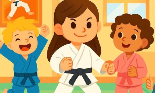 Quatre enfants s'entraînent dans une salle de karaté lumineuse avec des tatamis verts. Zoé, 8 ans, au centre, porte un kimono blanc et sourit avec détermination. À gauche, Léo, 9 ans, en kimono bleu, saute de joie. À droite, Jade, 8 ans, en kimono rose, tient la main de Zoé avec un regard encourageant. Tom, 9 ans, en kimono vert et lunettes, fait un geste de soutien en arrière. Maxime, le champion, les encourage pendant que Zoé exécute un mouvement de karaté, entourée de ses amis qui l'applaudissent.