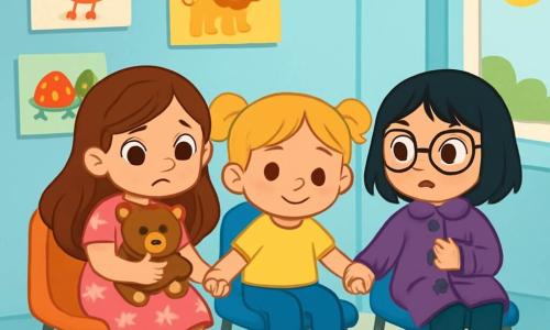 Il y a trois personnages : Sofia, une petite fille de 5 ans avec de longs cheveux bruns, des yeux pétillants et une robe rose à fleurs, qui serre son nounours sur une chaise ; Mila, une petite fille de 4 ans avec des cheveux blonds en couettes, un t-shirt jaune et un pantalon bleu, qui regarde ses chaussures à côté de Sofia ; et Jade, une petite fille de 5 ans avec des cheveux noirs, des lunettes rondes et un manteau violet, qui joue avec les boutons de son manteau. Le lieu est une salle d'attente lumineuse avec des murs bleu clair, des dessins d'animaux colorés, des chaises en plastique confortables et des jouets sur un tapis moelleux. Une grande fenêtre laisse entrer la lumière du soleil. Les trois amies se tiennent la main, affichant un mélange de peur et de courage en attendant leur tour pour voir le docteur.