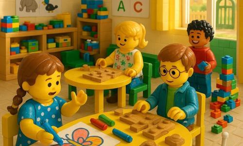 Quatre enfants de 6 ans dans une grande salle de maternelle lumineuse reconstituée en briques : Léa, petite aux tresses brunes en robe bleue à pois, est assise à gauche et colorie un grand papillon avec un feutre bleu tandis qu'elle refuse doucement qu'un autre enfant prenne tous les feutres ; Samir, aux cheveux bouclés noirs en sweat rouge, est debout à droite près d'une tour de blocs renversée et tend une brique pour la reconstruire ; Jade, blonde en queue-de-cheval en robe fleurie, est au centre et assemble un puzzle en bois ; Paul, cheveux châtains courts et lunettes fines, assis à côté de Jade, cherche une pièce de puzzle, une petite canne blanche posée à côté de sa chaise. Lieu chaleureux et coloré : sol en lino clair, grandes fenêtres laissant entrer un rayon de soleil, étagères basses avec jeux et blocs, tables et bancs colorés, posters au mur, ambiance calme et positive, gestes de partage et couleurs vives.