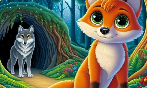 Un jeune renard nommé Félix, au pelage orange vif et aux yeux curieux, se tient courageusement devant une caverne sombre, avec une expression déterminée et un léger sourire. À ses côtés, un grand loup au pelage gris argenté, aux yeux tristes mais pleins d'espoir, l'observe, ses oreilles légèrement abaissées. La scène se déroule dans une forêt enchantée avec des arbres majestueux et des fleurs colorées. Félix, prêt à parler au loup, symbolise le début d'une amitié inattendue et d'une transformation.